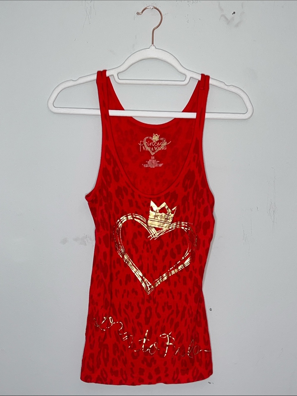 Vera Wang Red Tank with Gold Heart Crown Subtle Leopard Print Pattern